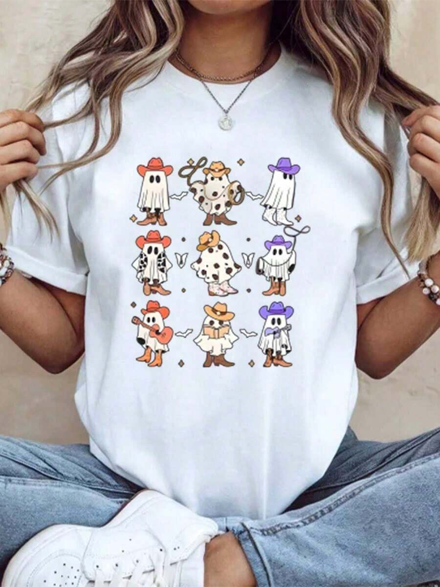 Unisex Casual Short Sleeve T-Shirt With Cartoon Octopus Character Print, Gifts For Family And Friends, Comfortable All-Season Clothing, Suitable For Home Parties, 220g, 100% Cotton, Durable - 白色 - 查看 1