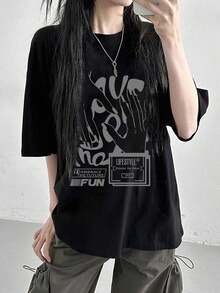 Camiseta de Mujer de Corte Holgado Estilo Urbano con Diseño de Estampado Grande LIFESTYLE Abraza el Futuro EMBRACE THE FUTURE FUN Yes Summer, Camisetas Gráficas - Negro - Ver 4