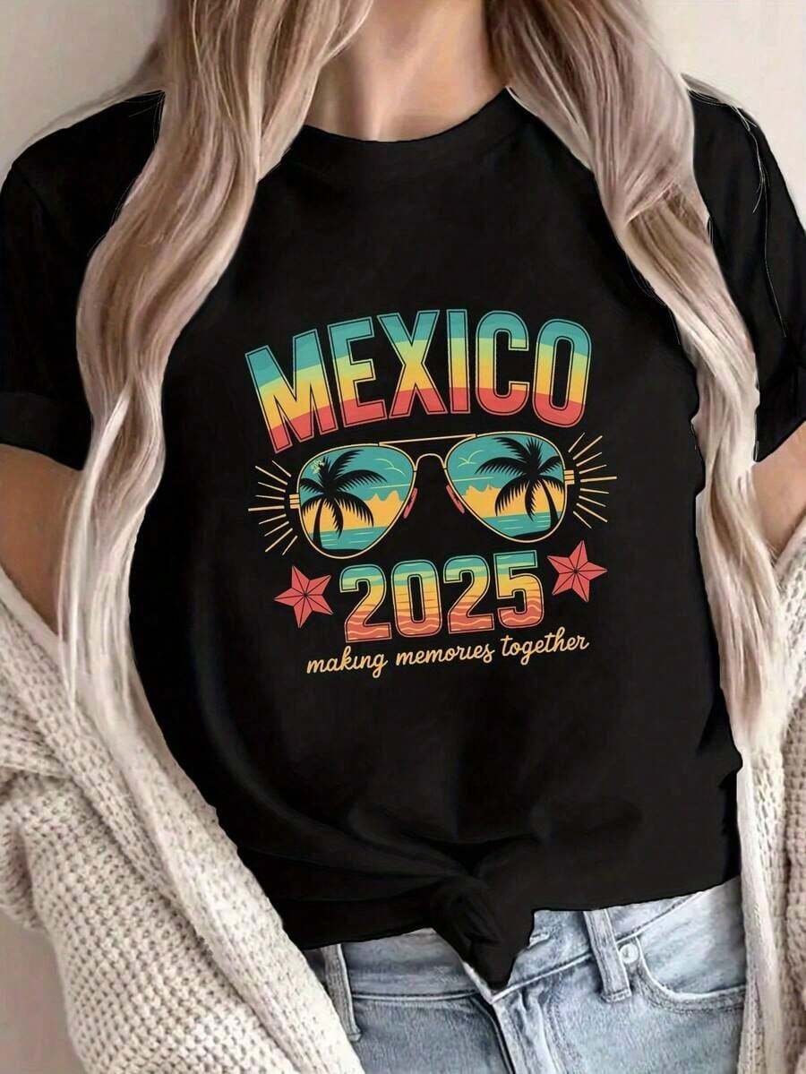 Glasses Mexico Squad Print Cotton T-Shirt / 100% Cotton, Short Sleeve, Round Neck, Casual Style For Summer And Spring, Women's Clothing, Short Sleeve T-Shirt. - 黑色 - 查看 1