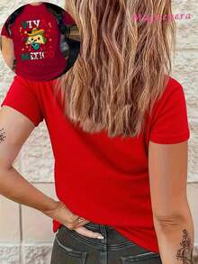 Limited Edition MGY Viva Mexico Graphic T-Shirt For Women, Size -% Cotton, Short Sleeve, Crew Neck, Casual Style With Vibrant Mexican Culture Design, Maracas, Sombrero And Chiles Print, Black And Red/Blue Green, Machine Washable, All Season Comfort, Lightweight Cotton - 紅色 - 查看 3