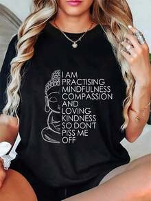 Women's Short-Sleeved T-Shirt, 100% Cotton, Casual, Funny, Sarcastic, Spiritual, With Buddha Design, Yoga And Meditation. - 黑色 - 查看 4
