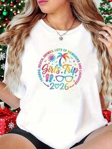 New And Modern Women's T-Shirt With Vacation Style Glasses And Palm Tree Print, White Short Sleeve Round Neck T-Shirt - Machine Washable, Casual Style, Comfortable And Loose, Elegant Design, Suitable For Daily Wear, Soft Fabric, Casual Fit - Unisex Short Sleeve Round Neck T-Shirt Made Of Pure Cotton, Urban Vintage Style And Loose Fit. - 白色 - 查看 1