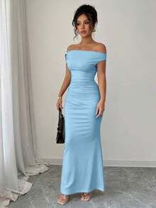 Women's Fitted Party Dress With Off-The-Shoulder Design And Elegant Metallic Details - 白色 - 查看 5