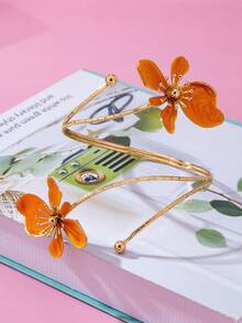 1pc Gold Artificial Drip Oil Coffee Brown Flower Bangle, Vintage Bohemian Style, Seasonal Fashion Accessory, Suitable For Daily Wear, Parties And Celebrations, Best Gift For Female Friends - Burnt Orange - View 3