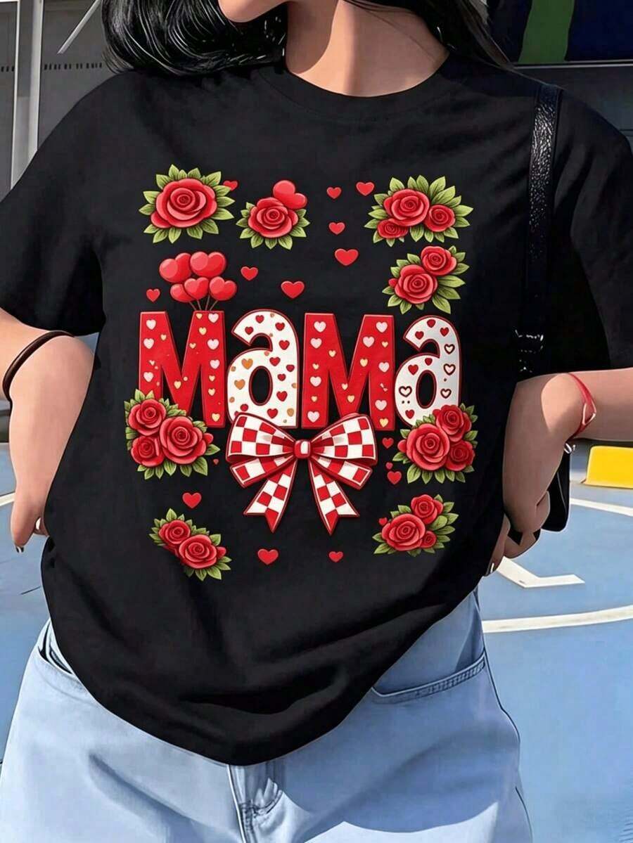 playeras de mujer algodon Camiseta Mama con Rosas Rojas y Corazones | Playera Día de la Madre | Regalo Perfecto para Mamá >ropa - Negro - Ver 1