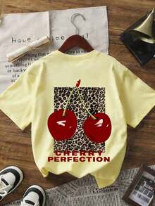 1 pieza de camiseta de verano para mujer con cuello redondo y manga corta, estampado de leopardo y diseño de cerezas, adecuada para verano, playa, calle, uso diario, trabajo, fiesta de oficina, salida, festival, festival de música, Día de San Valentín, fiesta casual, color blanco. - Amarillo - Ver 3