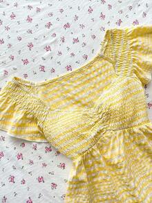Blusa de mujer de cuello en V amarilla, ajustada a la cintura, de manga corta, con estilo romántico francés, para primavera/verano - Amarillo - Ver 9