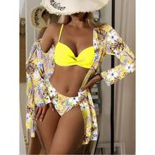 Traje de baño de tres piezas con pareo, bikini femenino con pareo de manga larga para protección solar. - Naranja - Ver 11