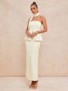 Top corto sin mangas con diseño de lazo y falda ajustada con abertura, color albaricoque, elegante para primavera/verano - Albaricoque - Ver 9