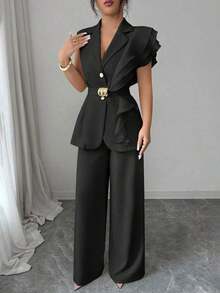 Elenzya Traje formal elegante de mujer color albaricoque, conjunto de blazer con cuello de volantes de organza con lentejuelas y cintura con lazo, que incluye chaqueta sin mangas y pantalones rectos, color burdeos, adecuado para Halloween, Navidad, Año Nuevo, ceremonia de graduación, boda y otras ocasiones. - Negro - Ver 5