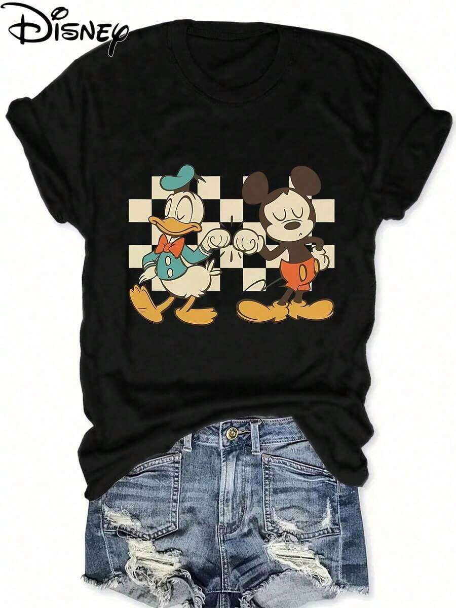 Disney Women's T-Shirt With Marie Cat Pattern Print, Casual Round Neck Short Sleeve Shirt, Perfect For Everyday Wear. Casual And Stylish Disney Women's Top Featuring Cartoon Motifs Of Donald Duck And Mickey Mouse On A Checkered Background, Part Of The New Disney Summer Collection. - màu đen - Xem 1