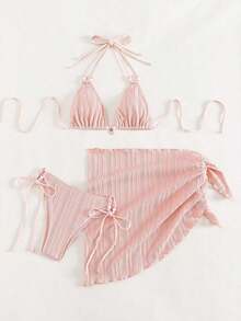 Swim Mod Bañador bikini triángulo halter con falda de playa - Rosa - Ver 2
