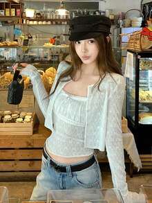 Elastic Lace Jacquard Cardigan/Camisole 2 Pieces Set Casual - Light Blue - View 5