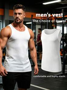 Plus Size Men's Solid Color Ribbed Knit Sleeveless Sports Tank Top, Breathable Fitness Training Casual Wear, Classic White, Breathable, Suitable For Gym And Plus Size Scenarios - White - View 2