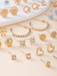30 Pairs Assorted Earrings Set, Featuring Floral, Snowflake, Shell, Heart, Geometric Shapes, Suitable For Daily, Casual, Travel, Date Wear, Elegant Earring Jewelry Gift Set - Multicolor - View 4