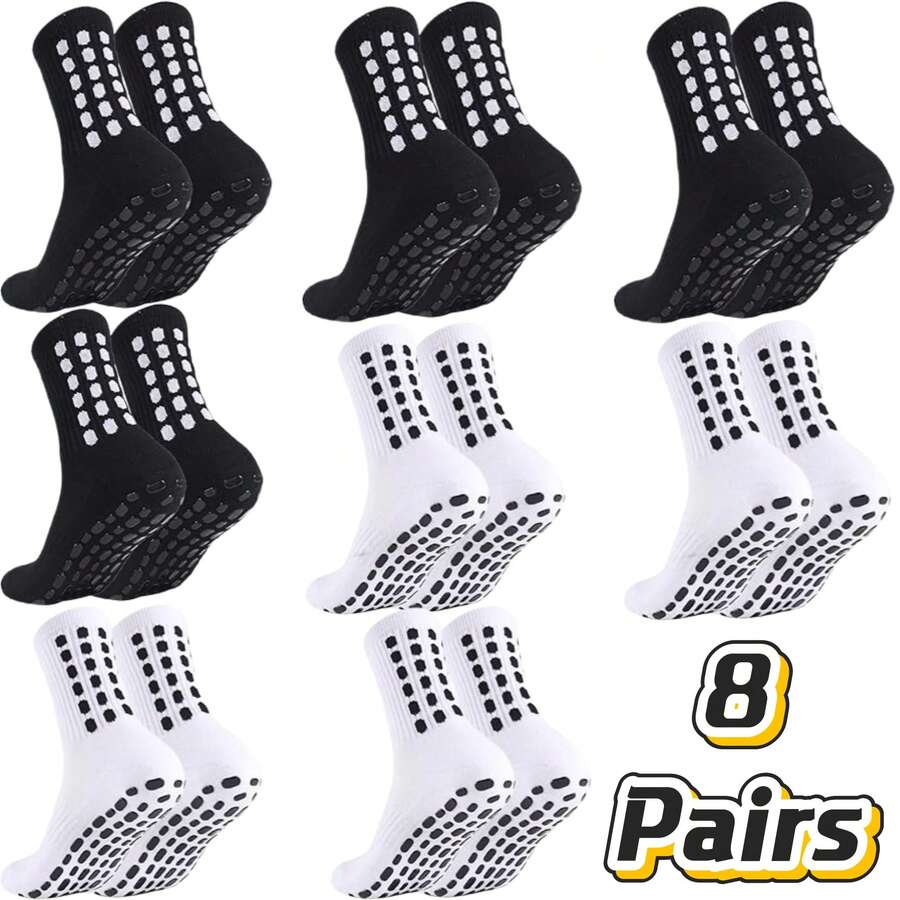 8 Pairs Grip Soccer Socks Colorful Non Slip Sports Football Basketball Hospital Yoga Socks For Men Women - 4 đen + 4 trắng - Xem 1