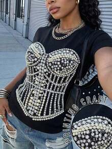 Camiseta de manga corta negra para mujer, adornada con perlas y pedrería, estilo vintage, Y2K, sexy, holgada y casual, adecuada para la comodidad del verano, el transporte diario y el estilo urbano. - Negro - Ver 10