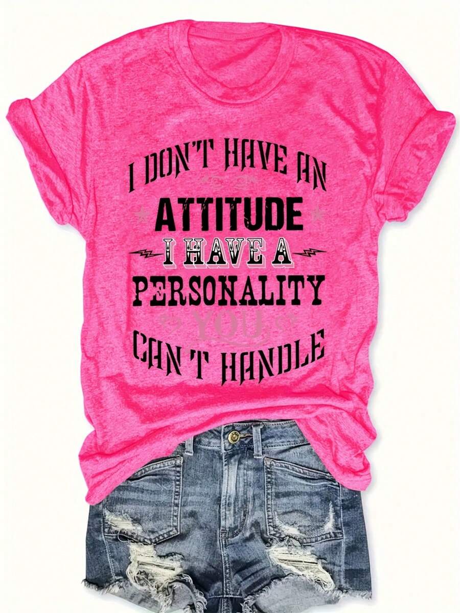 Camiseta de talla grande con estampado de eslogan, camiseta casual de manga corta con cuello redondo, ropa de talla grande para mujer - Rosa Fucsia - Ver 1