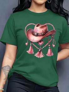 1 Piece Casual Fashion For Men And Women Graphic T-Shirt Ladies Women Short Sleeve Round Neck Casual Comfortable Fresh Light Modern Youth Regular Cut Prints Hat Denim Denim Denim Heart Bow Rope Boho Bohemian Style, Versatile, Easy To Match, Suitable For Daily Wear, Urban Style, Holiday Outfits, Weekend Outfits. - 綠色 - 查看 6