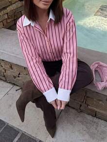 女士条纹梭织拼接领撞色宽松衬衫，适合春夏日常办公穿着，粉色 - 粉色 - 查看 4