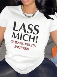 Camiseta De Manga Corta Para Mujer | Fibra, Ligera Y Duradera, Divertido Eslogan Alemán "Lass Mich Ich Muss Mich Da Jetzt Reinsteigern", Perfecta Para Uso Casual En Casa O Restaurante, Ajuste Cómodo, Diseño Moderno, Cuello Redondo, Tejido De Elasticidad MediaWomen's Casual Short Sleeve T-Shirt Solid Color Basic Tee Top Blusas Para Mujer Camisa - Blanco - Ver 7