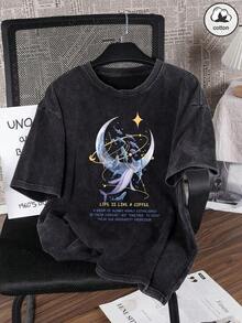 1 pieza: El más reciente disfraz retro divertido de estilo americano para mujer, con motivos de espacio, astronomía y letras de dibujos animados de la luna. Esta ropa de calle de estilo coreano es cómoda, retro, versátil y de moda para el día a día, estilo Y2k para mujeres. Camiseta de manga corta de cuello redondo, ajustada, de color melocotón, estilo punk de escala pequeña, de la serie retro deslavada. Camiseta cómoda de puro algodón de la serie retro deslavada, que crea fácilmente un estilo casual retro. Adecuado para desplazamientos diarios, salidas informales y uso cotidiano. Ropa de Mujer de Estilo Retro Clásico. 180g Algodón 100% - Negro - Ver 1