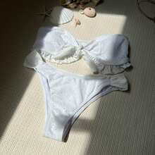 Nuevo bikini de dos piezas sin tirantes con estampado floral de color sólido y tela especial. - Blanco - Ver 9