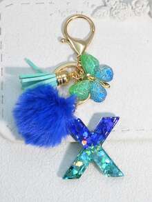 1pc Blue Heart Letter Keychain With Butterfly & Flower Decor, Women Bag Charm, Gift Keyring With Pom Pom - Royal Blue - View 36