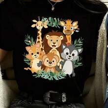 Women's Loose-Fitting Black T-Shirt With Cartoon Animal Print, Casual Loose-Fit Top With Jungle-Themed Graphic Design Featuring A Giraffe, Lion, Monkey, Fox, And Deer. Basic Cotton Crew Neck T-Shirt For Women. - 黑色 - 查看 3