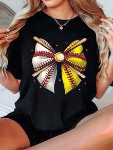Camiseta con estampado de lazo de béisbol y sóftbol, diseño de bate de béisbol y sóftbol con lazo amarillo y blanco para fanáticos de los deportes, ropa casual, camiseta de algodón de alta calidad, estilo vintage urbano, unisex, holgada, de manga corta y cuello redondo. - Negro - Ver 6