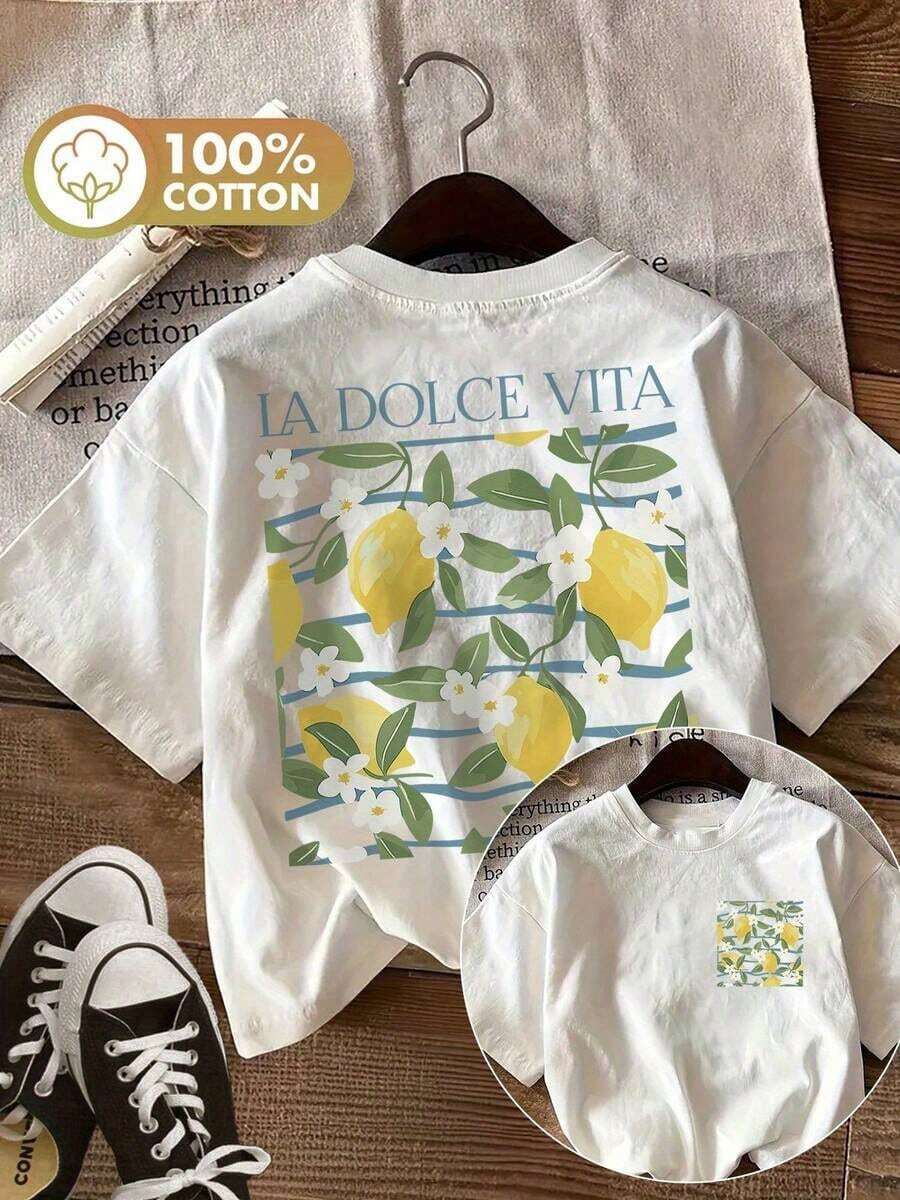 Women's Short Sleeve Crew Neck T-Shirt "Lemon" "Flower" 100% Pure Cotton And Breathable | Women's "La Dolce Vita" T-Shirt With Lemon And Flower Print - Casual Short Sleeve Crew Neck T-Shirt With Vibrant Yellow Lemons And White Flowers, Lightweight And Breathable For Summer, Ladies' T-Shirts - 白色 - 查看 1