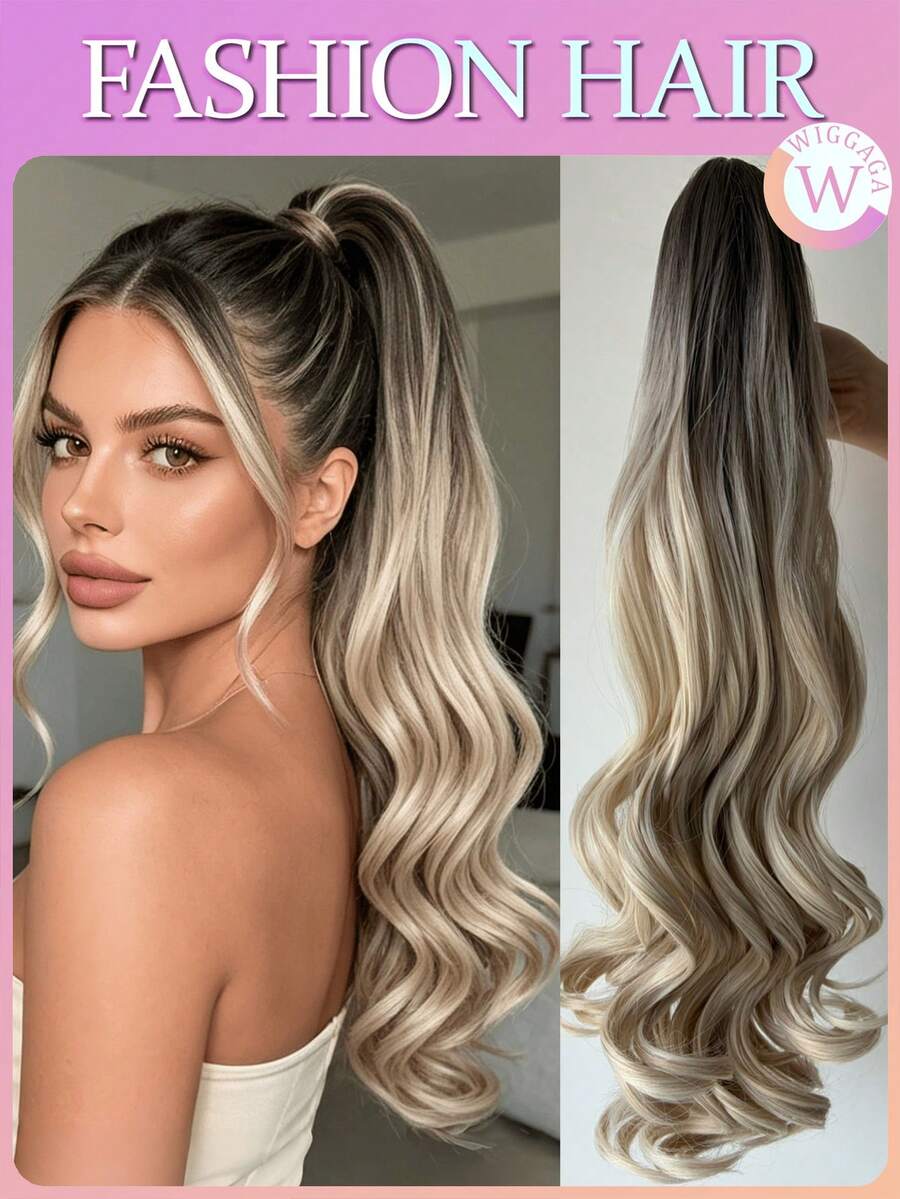 WIGGAGA Coleta de 24 pulgadas en degradado marrón/gris, elegante cabello sintético rizado con coleta, estilo versátil, apto para uso diario - Degradado Beige - Ver 1