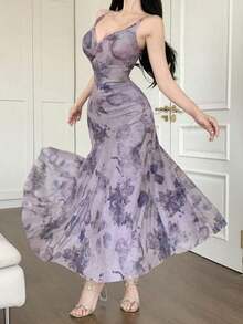 Vestido de verano elegante con estampado floral sin mangas para mujer - Morado - Ver 2