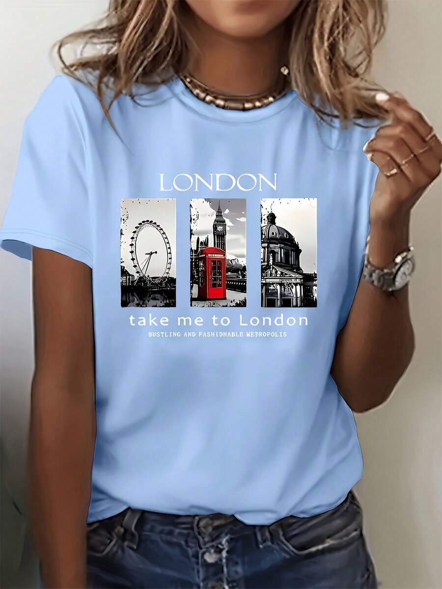 Women's Summer Short-Sleeved T-Shirt, European And American Style, With London Letter Print And Iconic City Buildings, A Modern And Stylish Feminine Combination - 鮮豔的藍色 - 查看 1