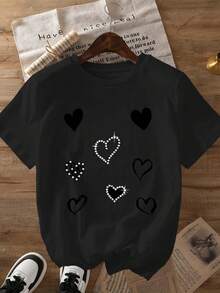 Women's Casual Summer T-Shirt, Short Sleeve Round Neck T-Shirt, Vintage Small Heart Print, Comfortable, Soft, Breathable, New Spring/Summer T-Shirt, Versatile Casual Top For Vacation And Daily Wear. - 黑色 - 查看 4