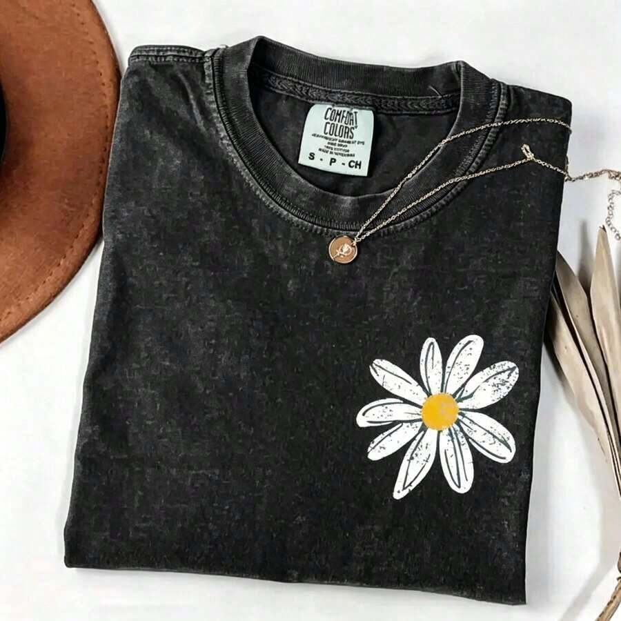 1 pieza [100% Algodón Prelavado] Camiseta Daisy, Camiseta Floral Retro, Camiseta Casual, Camiseta de Manga Corta con Estampado de Letras para Mujer - Estilo Urbano Vintage, Camiseta Unisex de Algodón Suelto de Manga Corta con Cuello Redondo, Ropa de Verano para Mujer, 180g Algodón 100% - Negro - Ver 1