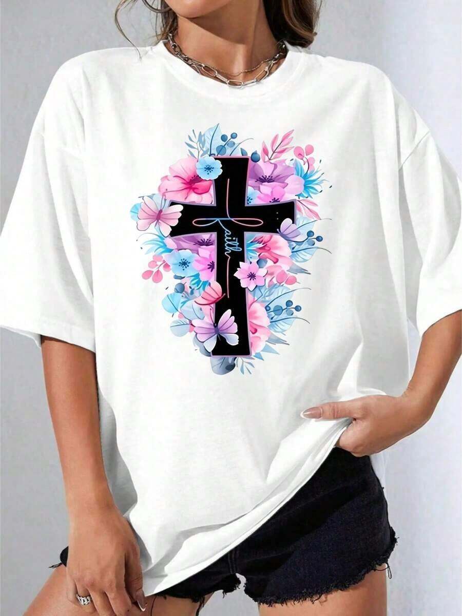 Camiseta Negra y Blanca para Mujer con Estampado Floral de Cruz, Diseño Religioso Cristiano con Flores Rosas y Azules y Mariposa, para Uso Casual, Ropa de Iglesia, Moda de Verano, Fiesta al Aire Libre, Camiseta Estampada Casual de 180g - Blanco - Ver 1