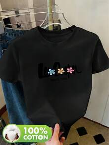 Women's 100% Cotton T-Shirt, Round Neck, Casual Summer Style, Letter And Animal Print, Breathable, For Spring/Summer/Autumn, Machine Washable, Suitable For Casual Sportswear, Short Sleeve T-Shirt For Women, Round Neck Top For Women, Women's Night Out T-Shirts - 白色 - 查看 7