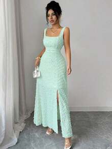 Nuevo vestido de punto texturizado sin mangas con cuello cuadrado, diseño de lazo en la espalda abierta, elegante vestido ajustado para fiesta - verde menta - Ver 5