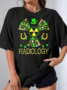 Camisetas de Mujer, Manga Corta Casual para Fiesta, Camiseta OneRadiology Blanca con Estampado del Símbolo de Radiación y Amuletos de la Suerte del Día de San Patricio para Profesionales de Radiología y Personal Médico que Celebran el Día de San Patricio, 180g - Negro - Ver 7