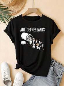NewSummerCasualBlusas de mujer, blusas de mujer, blusas de mujer, camiseta de manga corta con cuello redondo para mujer, medicamento antidepresivo, estampado de gato y pastilla, top casual de verano, adecuado para uso diario, 100% algodón, 100% algodón, 100% algodón. Camiseta unisex de algodón holgada de manga corta y cuello redondo estilo vintage urbano - Negro - Ver 6
