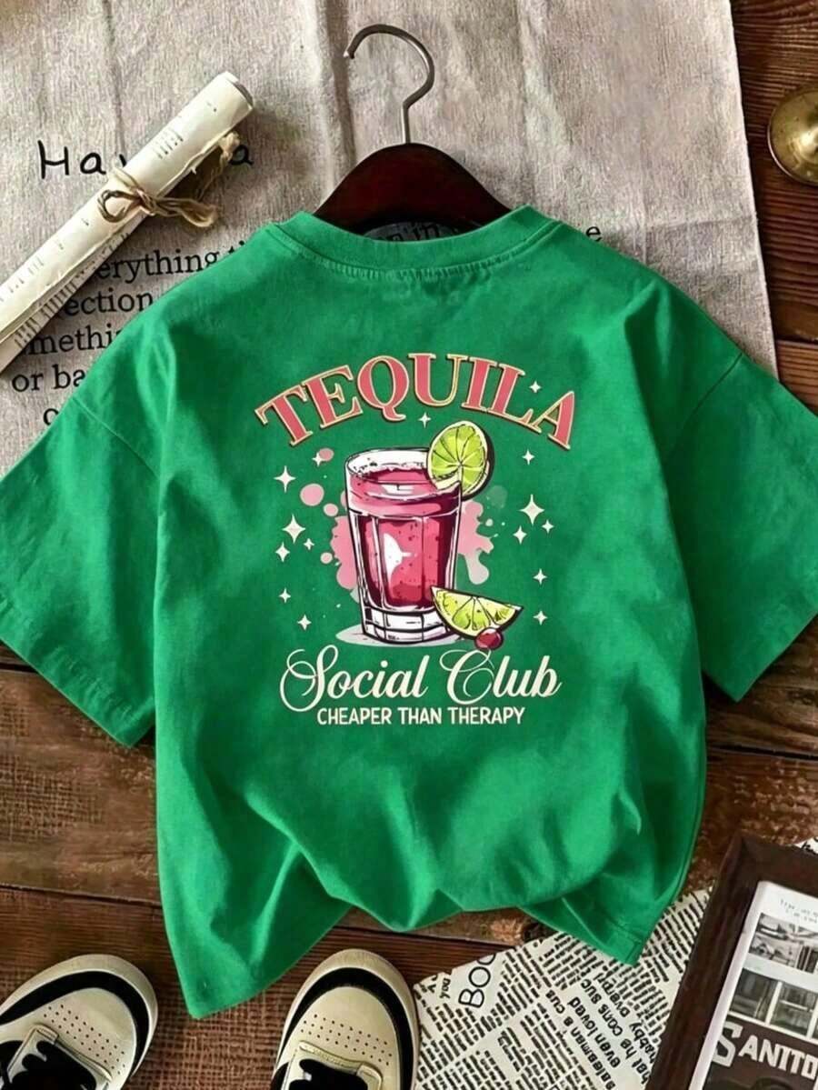 NewSummerCasualPlayera de Mujer de Algodón1pcsWomens Tequila Graphic T Shirt Pink Green Drinks Print Stretchy Poly 180gCuello Redondo Algodón 100% Tejido Suave Manga Corta-Vintage Street Style Unisex Loose Cotton Short Sleeve Crew Neck T-Shirt - Verde - Ver 1