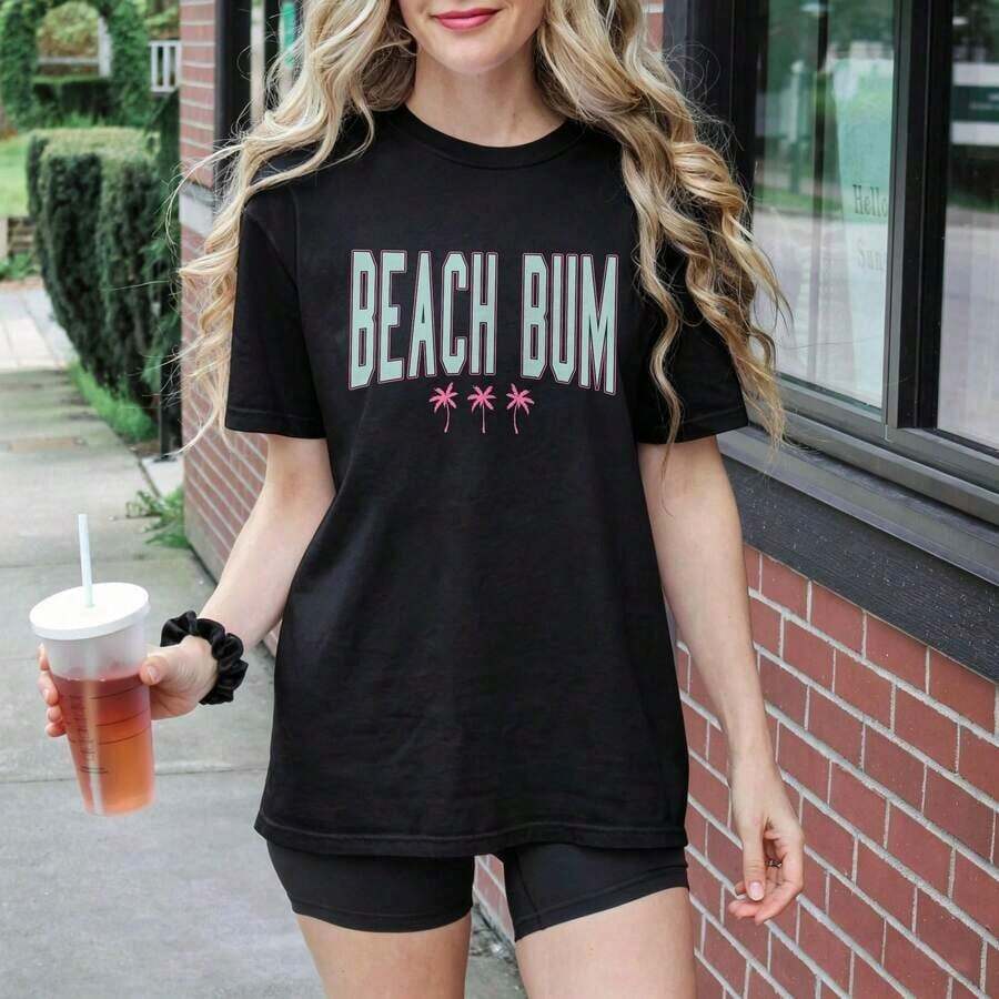 Women's Casual Beach Graphic Print T-Shirt - Short Sleeve, Round Neck, Casual Printed T-Shirt, Lightweight And Comfortable For Everyday Wear, Basic Summer T-Shirt For Women. - 黑色 - 查看 1
