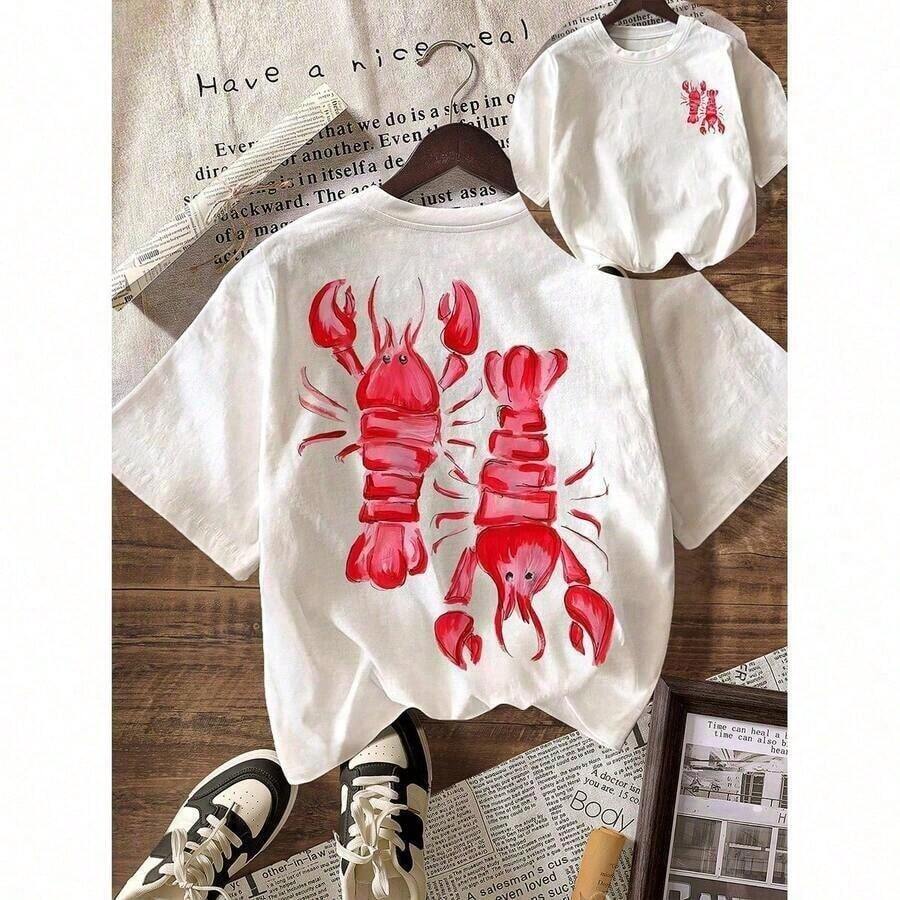Women's Retro Summer T-Shirt, Y2K Style, Pink With Lobster Design, For Beach, Summer Club, Casual, Round Neck, Short Sleeve, Plus Size, Concert Wear, Graduation Season Wear - 白色 - 查看 1
