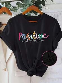 Camiseta casual esencial de corte holgado con estampado de letras coloridas, top casual de manga corta con cuello redondo, ropa diaria de algodón suave para mujer, primavera/verano. - Negro - Ver 1