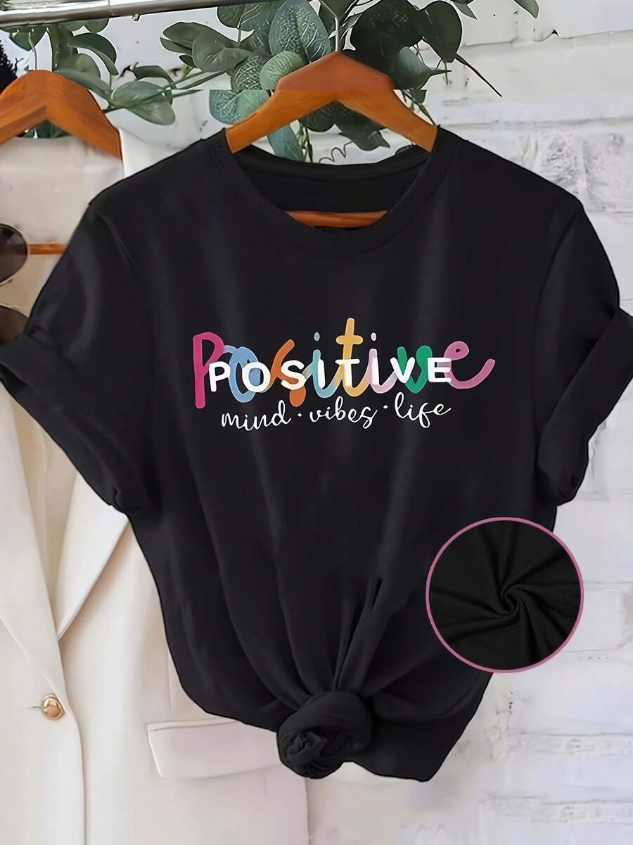 Camiseta casual esencial de corte holgado con estampado de letras coloridas, top casual de manga corta con cuello redondo, ropa diaria de algodón suave para mujer, primavera/verano. - Negro - Ver 1