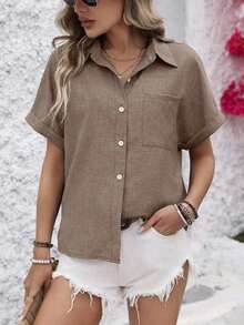 Camisa informal de mujer con cuello de H, blusas de manga corta - Caqui - Ver 4