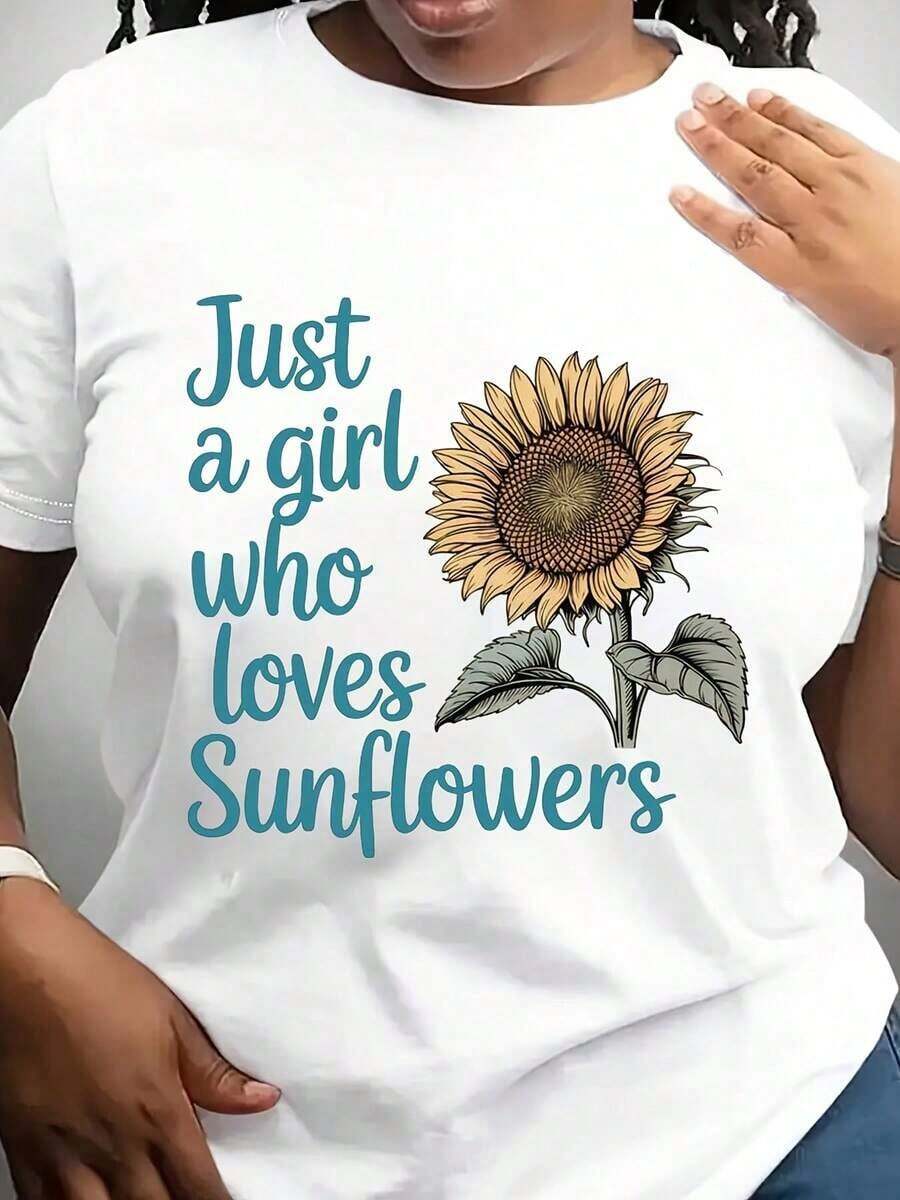 Camiseta 'Just A Girl Who Loves Sunflowers', Camiseta de Girasoles, Camiseta con Estampado de Flores, Camiseta de Moda, Ropa Casual de Verano de Manga Corta y Cuello Redondo, Camiseta para Mujer - Blanco - Ver 1