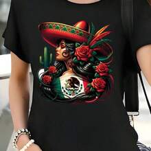 Camiseta para Mujer con Diseño de Mujer Mexicana con Sombrero y Bandera de Mexico Estilo Arte y Flores Rojas Estampado Colorido para Fiesta o Regalo Cultural - Negro - Ver 7
