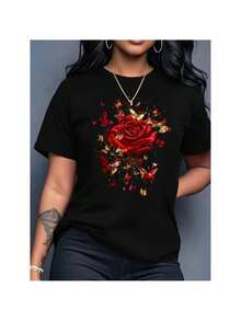 100% Cotton Casual Crew Neck Short Sleeve Floral Print Knit Fabric Regular Length All Seasons Tee - Black - View 1